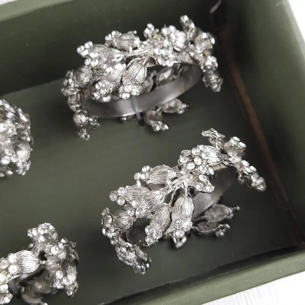 Silver Tone Napkin Ring Rhinestone Floral Metal Glam Wedding Christmas Shabby 4